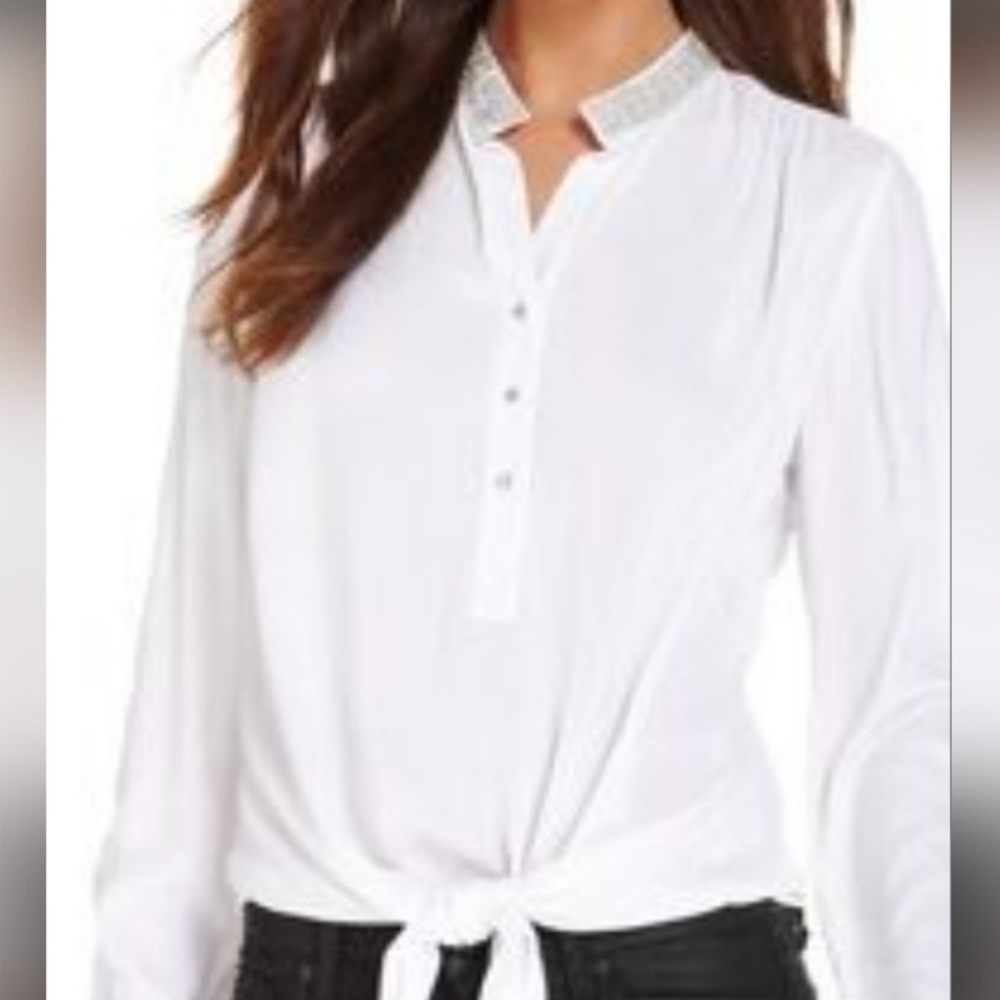 Karen Kane White Tie-Front Blouse 4L28190 Size M Crystal Collar Shine Bright